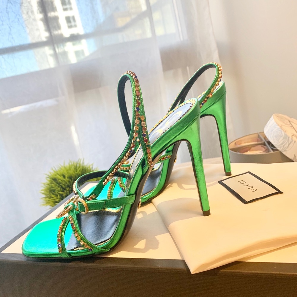 ❌SOLD❌Gucci Carmen Crystal-Embellished Metallic Leather Sandals In Jasmine Green - Picture 5 of 11